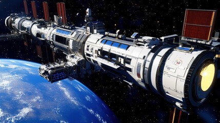 A futuristic space station orbiting Earth with intricate engineering details.