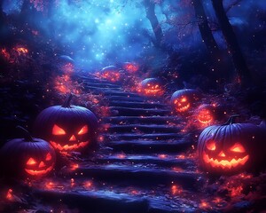 Obraz premium A spooky nighttime scene depicting glowing carved pumpkins on stairs