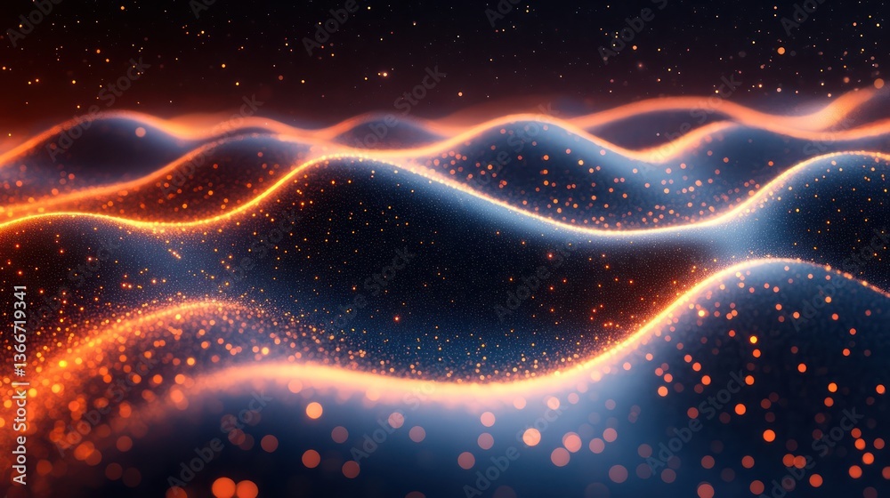 Poster dynamic glowing particles forming swirling abstract cosmic waves
