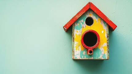 Colorful birdhouse on a teal wall.