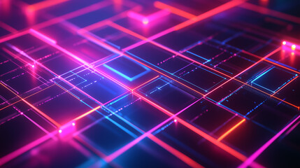 Obraz premium Abstract Neon Grid Futuristic Technology Background with Glowing Lines and Shapes