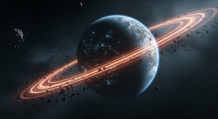 Obraz premium Ringed Planet with Glowing City Lights and Debris Field Illustration