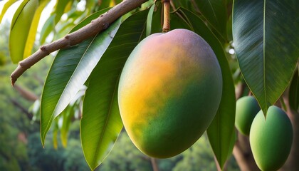 A close-up view of a ripe mango hanging from a sturdy tree branch, surrounded by lush green leaves.