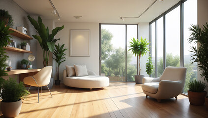 Stylish Modern Living Room with Abundant Natural Light and Greenery