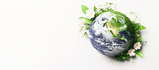 Globe covered with lush greenery and thriving plants symbolizing environmental protection, sustainability, and global ecological conservation. Ultra-realistic detailed Earth illustration with white ba