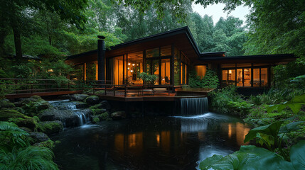 Obraz premium Modern Home Oasis: A luxurious modern home nestled in a serene forest landscape, its sleek design harmonizing with the natural beauty of its surroundings, creating an idyllic retreat.