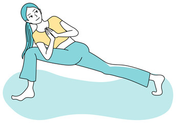 ヨガのプレイヤーズツイストのポーズをする女性のシンプルな線画のベクターイラストレーション