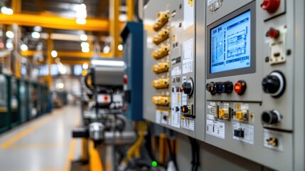 A high-tech factory automation panel with electrical diagrams and touchscreen controls.