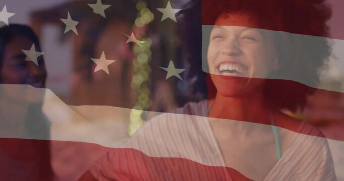 Woman with American flag overlay, expressing joy and patriotism through animation