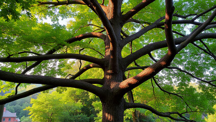 Fototapeta premium Majestic Tree with Lush Green Foliage and Twisting Branches