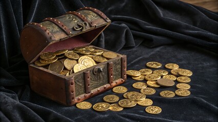 The image showcases a rustic, open treasure chest overflowing with gold coins