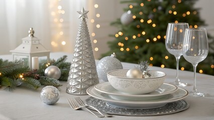 A beautifully arranged Christmas table setting is featured in this image