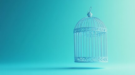 Empty birdcage against a vibrant blue backdrop.  A symbol of freedom or confinement?