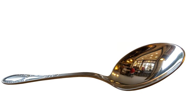 A single, shiny, silver-colored spoon is isolated against a bright white background.