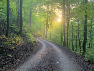 Fototapeta premium Winding Forest Path Sunrise.