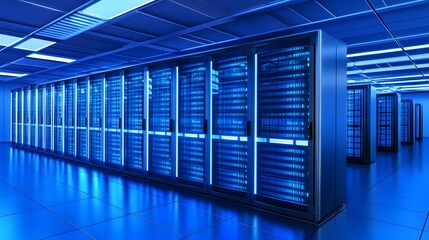 Fototapeta premium Glowing server racks in a modern data center, showcasing advanced technology and digital infrastructure