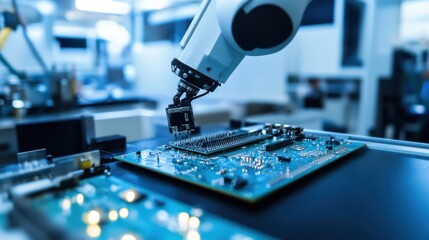 A robotic arm in an electronics assembly lab, assembling complex circuit boards for electronic devices with AI-powered precision, Electronics-tech style