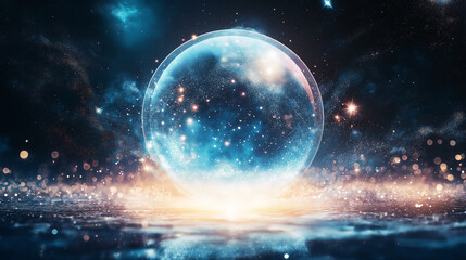 Obraz premium Mystic Sphere in the Cosmos: A radiant blue sphere pulsates with inner light, floating in a mesmerizing cosmic expanse. It evokes mystery, wonder, and the vastness of the universe. 