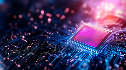 Advanced Microchip Technology: A close-up shot showcasing a sophisticated microchip, highlighting the intricate network of circuits and electronic pathways, symbolizing innovation and the digital age.