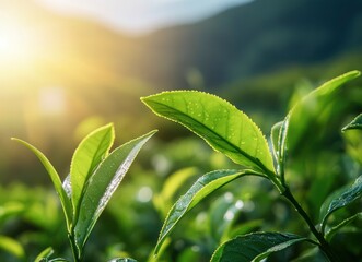 Obraz premium Green Tea Leaves Growing in a Plantation with Early Morning Sunlight