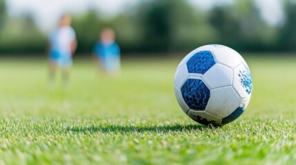 Fototapeta premium Soccer ball on a grassy field with children in the background