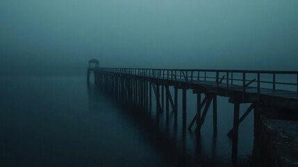 Misty Wooden Pier at Dawn, Tranquil Scenery, Calm Water