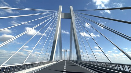 Obraz premium A modern steel bridge with precise engineering designs and cable tension calculations.