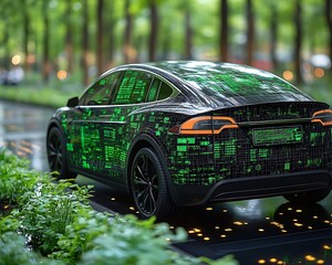 A futuristic car features green data patterns in a natural setting
