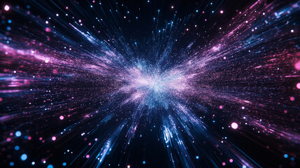 Fototapeta premium Celestial Symphony: A breathtaking display of cosmic energy, vibrant particles explode across a dark canvas, forming a dynamic and captivating visual spectacle.