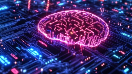 A neon-lit digital brain symbolizing artificial intelligence programming.