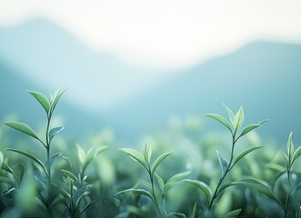 Green Tea Leaves Growing with Mountain Background in Soft Light
