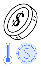 Coin illustrating finance, thermometer implying market or investment heat, and gauge representing performance. Ideal for finance, investment, analytics, temperature, economy, metrics flat simple