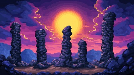 A mesmerizing sunset view over ancient stone pillars standing tall in a mystical landscape with dramatic clouds