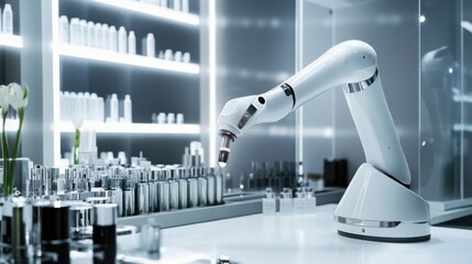 A robotic arm in an ultra modern cosmetic lab, blending and filling luxury skincare products into airless pumps, Beauty-tech style