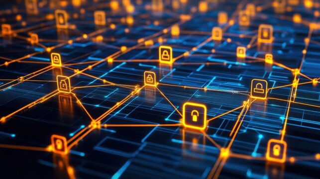 A next-gen cybersecurity network with glowing digital lock icons.