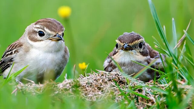Close-up of two young birds perched on grass near their nest in a natural habitat during daylight