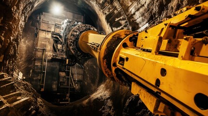 Obraz premium A robotic arm in an underground tunnel boring operation, precision drilling through dense rock layers, Industrial style