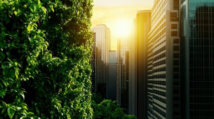 Breathtaking cityscape at sunrise, showcasing modern skyscrapers framed by lush greenery and a warm, golden glow.