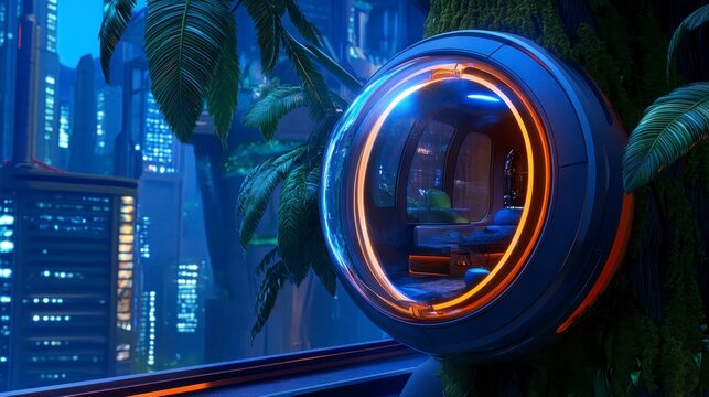 Futuristic urban habitat encapsulated within a spherical structure, surrounded by lush greenery in a vibrant cityscape - Powered by Adobe