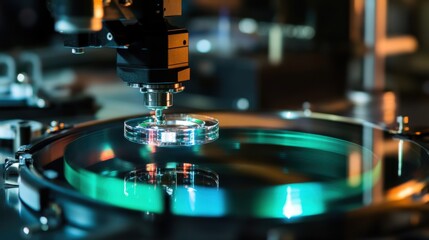 An AI controlled robotic arm in a cleanroom, assembling precision optical lenses for high-end cameras, Photography-tech style