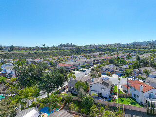 Aerial view houses and large middle class communities in Scripps and Poway in San Diego, South California, USA