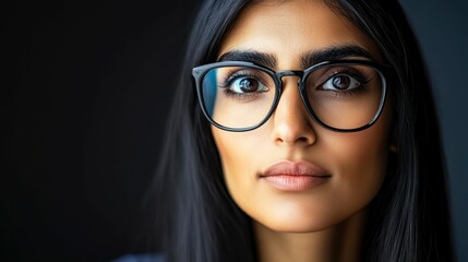 Fototapeta premium Portrait of a confident young woman wearing glasses with striking features and expressive eyes against a dark background