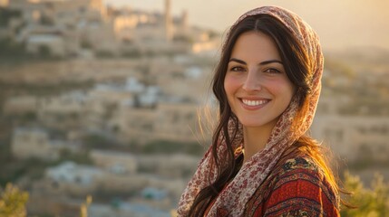 Smiling Woman in Traditional Dress with Ancient City Background