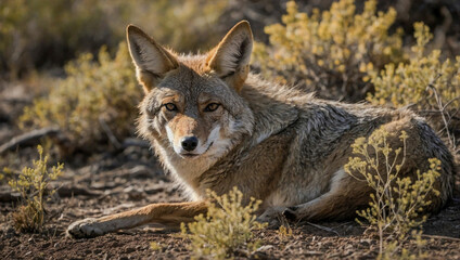 Close-up of a coyote resting, blending into its natural environment