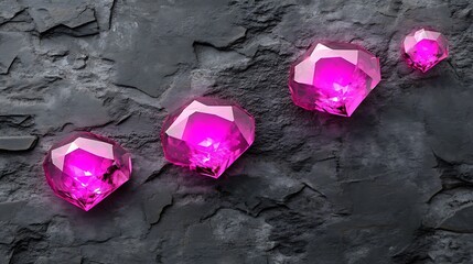 Sparkling pink gemstones are resting on a dark textured rock background