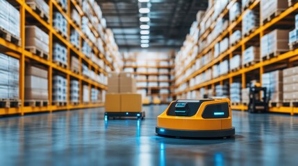 A warehouse with automated guided vehicles AGVs transporting goods.