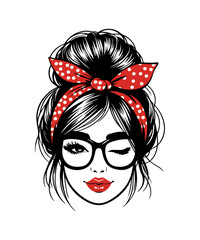 A vector illustration of a messy bun. It features a woman's face with red lips, red headband with dots tied into a bow at the top, and large framed glasses. 