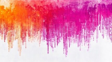 Abstract digital background featuring a vibrant gradient of orange and pink hues with flowing binary code patterns