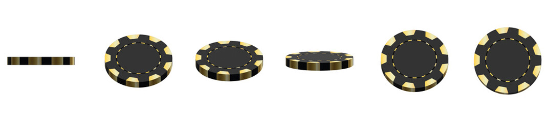 3D rendering of a black and gold poker chip at different angles