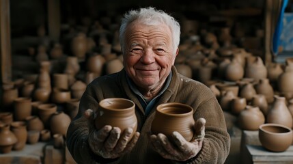 Joyful elderly potter proudly showcasing his handmade pottery in a rustic workshop filled with ceramics